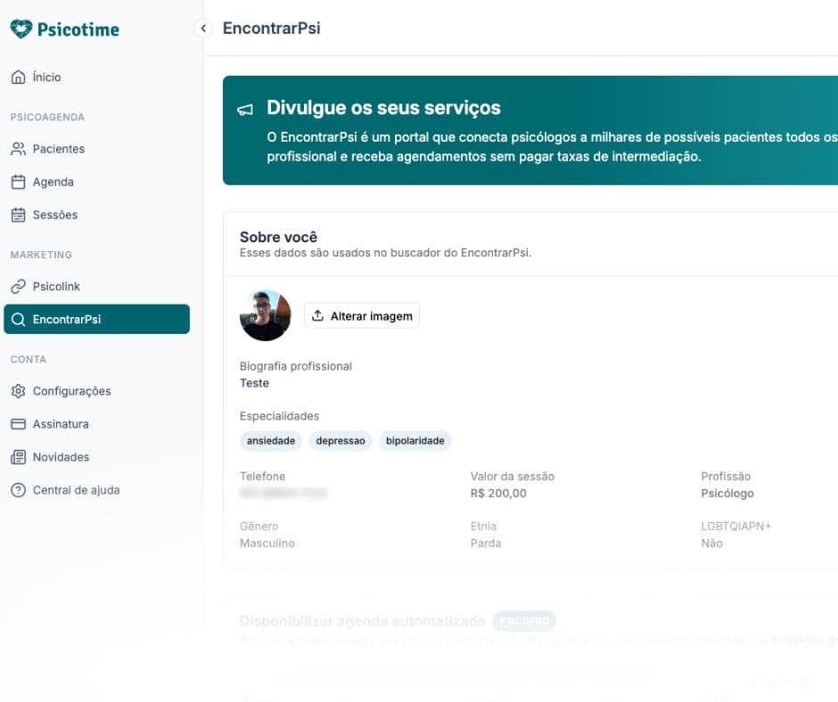 Perfil de profissional no portal EncontrarPsi
